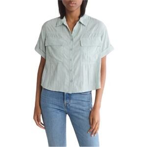 Lush Mint Green Cropped Short Sleeve Button Down Blouse Small